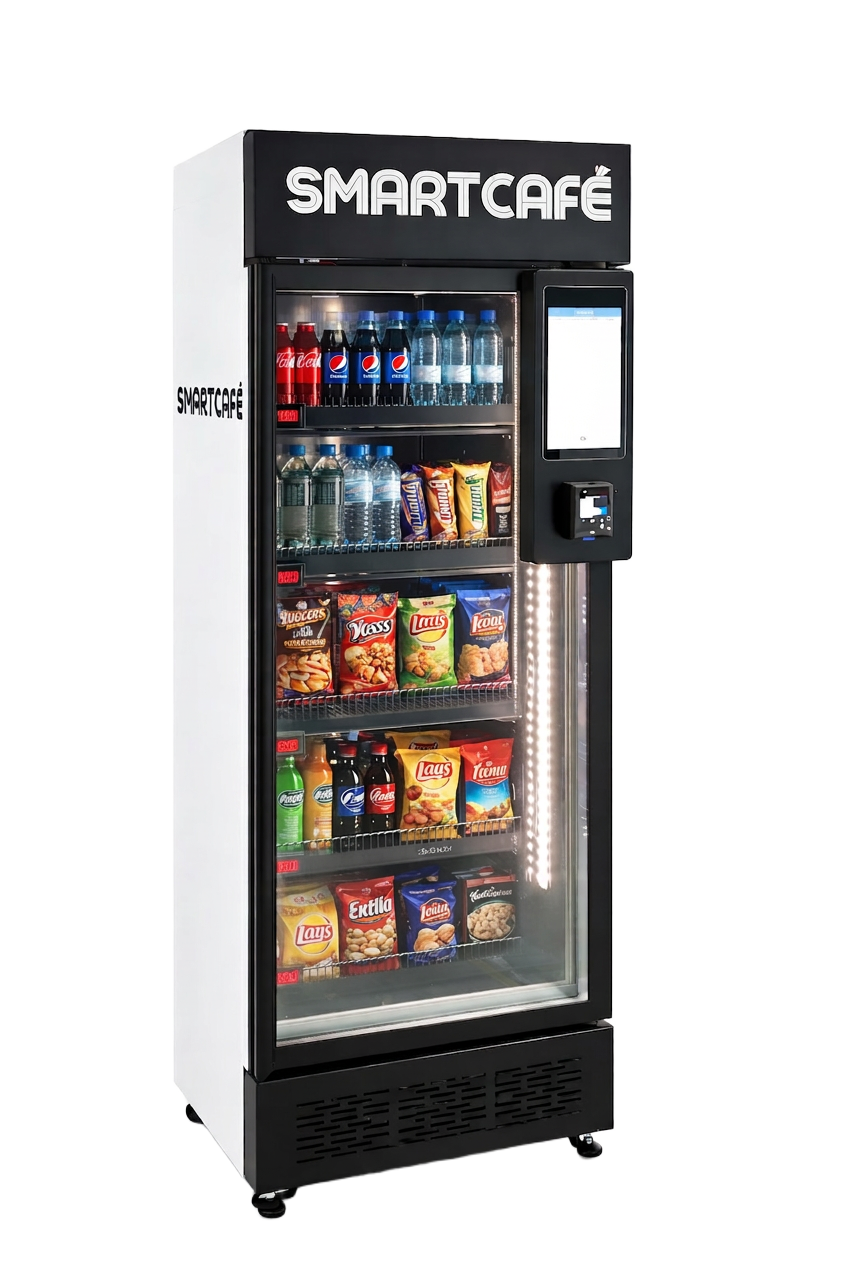 SmartCafe smart selvbetjent kjøleskap fylt med drikke, snacks og frukt